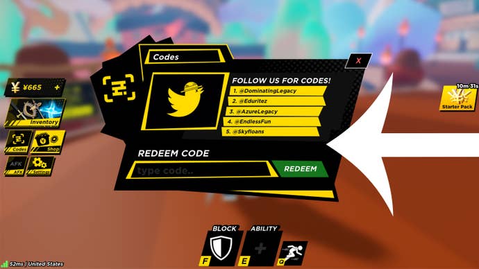 Arrow pointing at the codes menu in Anime Ball.