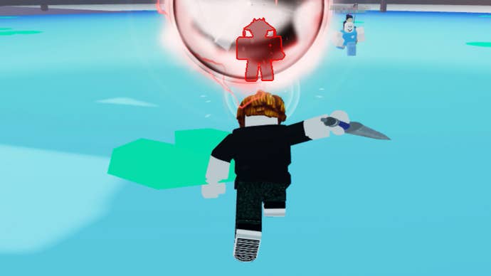 A Roblox character hits a glowing ball with a weapon in the game Anime Ball.