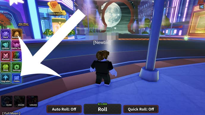 An arrow pointing at the codes button in the Roblox game Anime Card Clash.