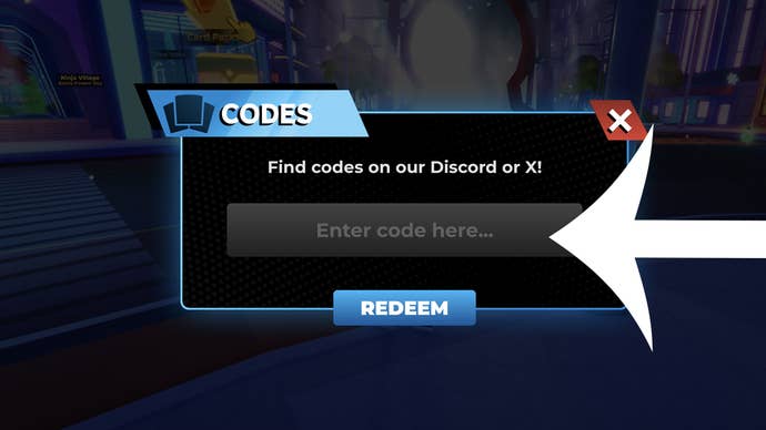 An arrow pointing at the codes menu in the Roblox game Anime Card Clash.