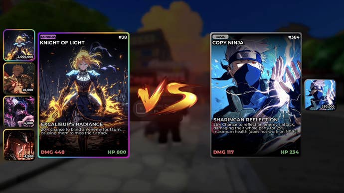 The battle screen in the Roblox game Anime Card Clash, showing two TCG-style decks battling against one another.