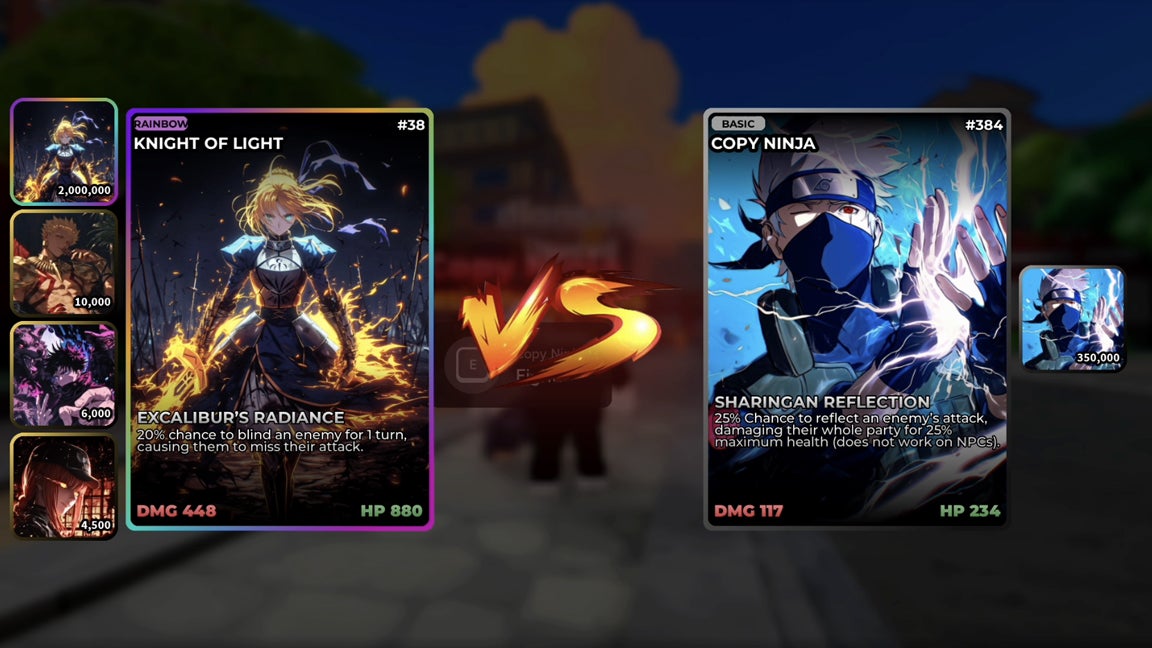The battle screen in the Roblox game Anime Card Clash, showing two TCG-style decks battling against one another. - 1