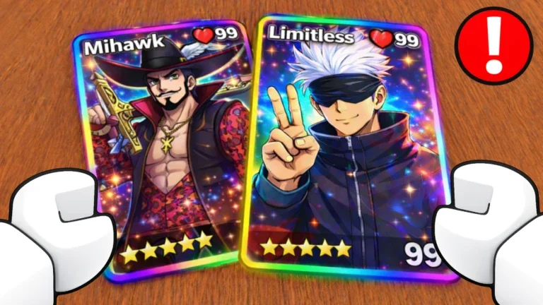 Artwork for the Roblox game Anime Card Collection showing two trading cards with anime-inspired characters on it.