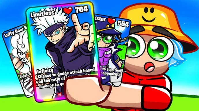 Artwork for the Roblox game Anime Card Master, showing a cartoon-style Roblox character holding a few trading cards.