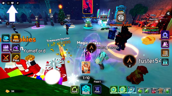 A screenshot of Anime Card Master in Roblox showing the game’s chat button.