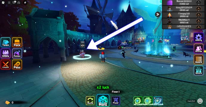 Arrow pointing at Codes NPC in Anime Card Master.
