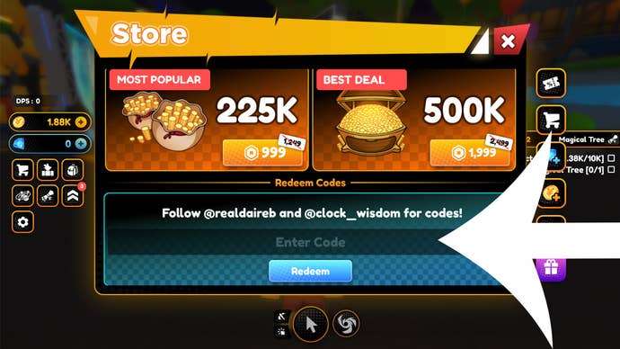 Arrow pointing at the store menu section used for redeeming codes in Anime Champions Simulator.