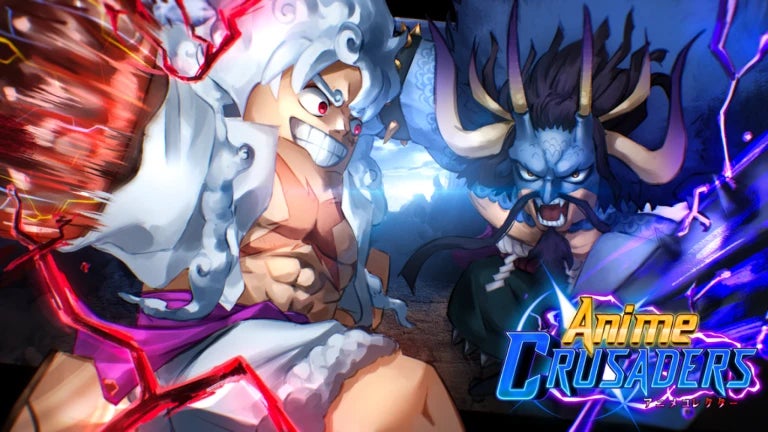 Artwork for the Roblox game Anime Crusaders showing a One Piece-inspired character battling it out with a demon. - 1