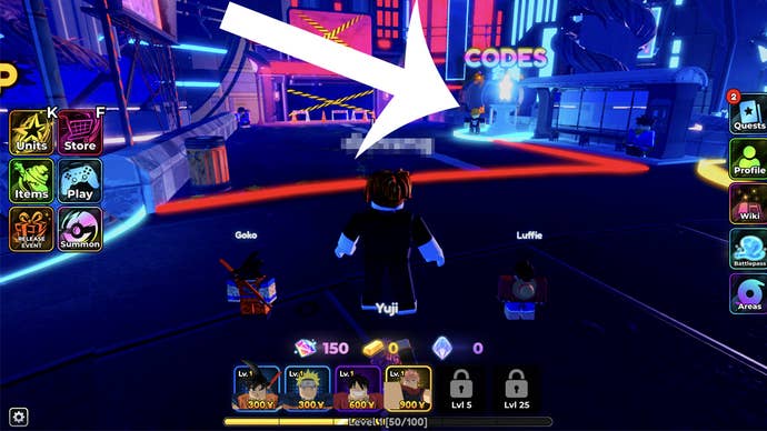 Arrow pointing at the location on the map players need to head to in Anime Crusaders to redeem a code.