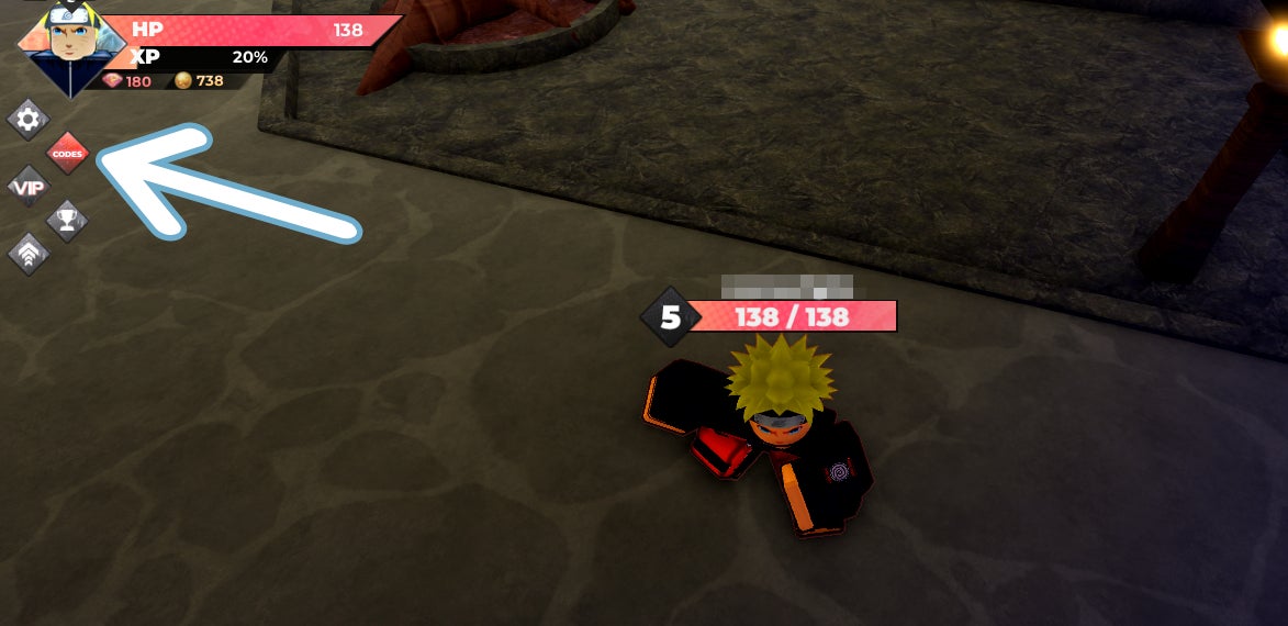 Arrow pointing at location of codes button in the top left. - 3