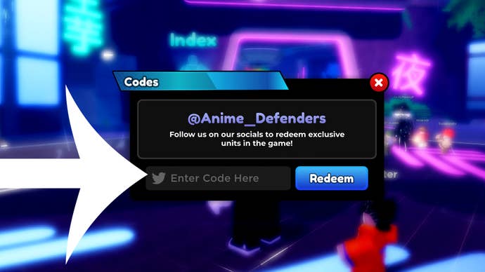 Arrow pointing at the Codes menu in the Roblox game Anime Defenders.