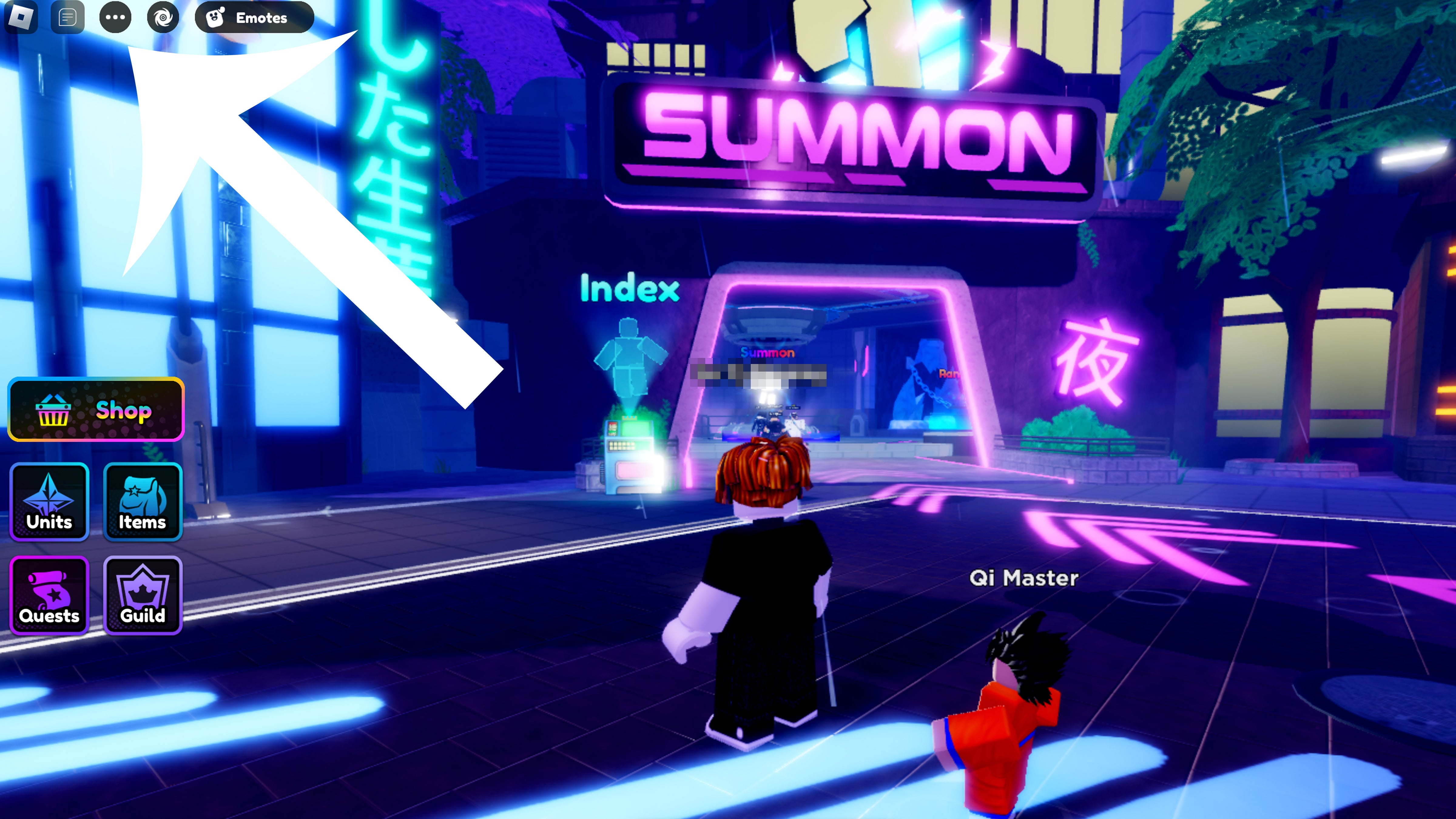 Arrow pointing at the button players have to press to head towards the Codes menu in Anime Defenders.