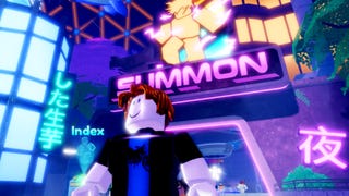 A Roblox character standing in front of a neon sign saying Summon in the Roblox game Anime Defenders.