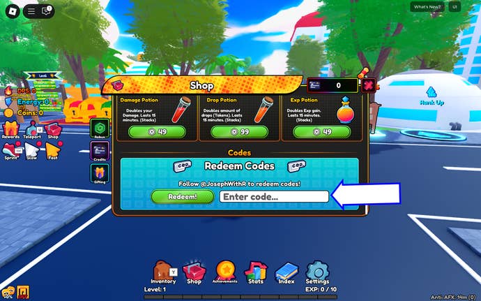 A screenshot of Anime Eternal in Roblox showing the game's codes field.