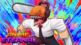 Stylised artwork from the Roblox game Anime Eternal, depicting the anime character Chainsaw Man standing in front of a colourful background.