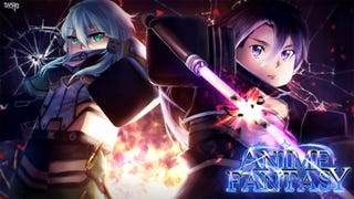 Artwork for the Roblox game Anime Fantasy showing two Robloxified anime-style characters, with one holding a weapon.