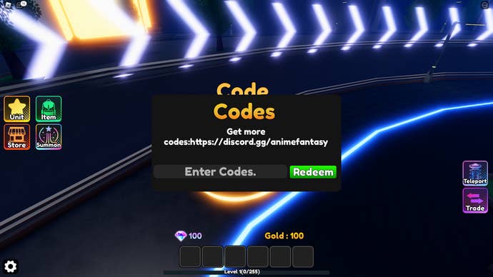 A screenshot from Anime Fantasy in Roblox showing the game's codes menu.