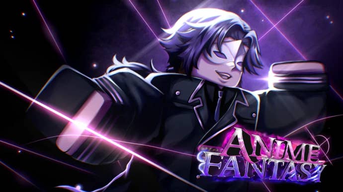 Artwork for the Roblox game Anime Fantasy, showing a Robloxified, anime-inspired character wearing a mask.