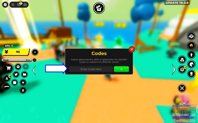 A screenshot of Anime Fighters in Roblox showing the game's codes field.