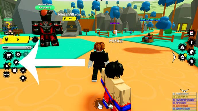 Arrow pointing at the codes button in the Roblox game Anime Fighters Simulator.