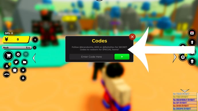 Arrow pointing at the codes menu in the Roblox game Anime Fighters Simulator.