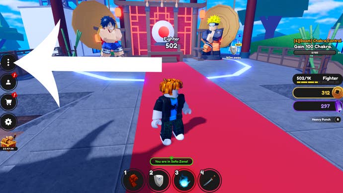 Arrow pointing at a button players need to press to access the button for the codes screen in Roblox game Anime Fighting Simulator X.
