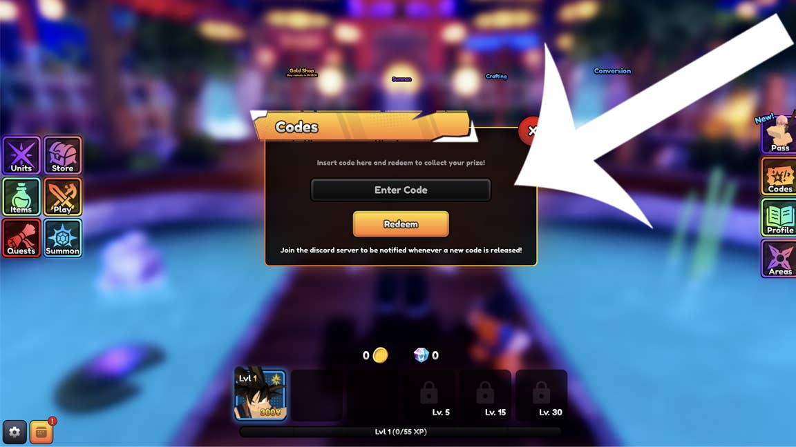 Uma flecha apontando para o menu Códigos no Greve Final de Anime Roblox Game.