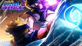 Artwork for the Roblox game Anime Final Strike showing two anime-inspired characters battling it out with a glowing orb on the side.