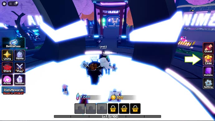 A screenshot of Anime Genesis in Roblox showing the game’s Codes button.