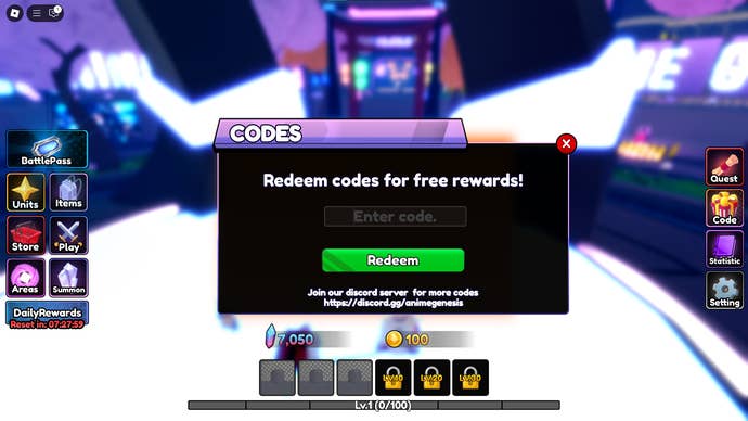 A screenshot of Anime Genesis in Roblox showing the game’s Codes page.