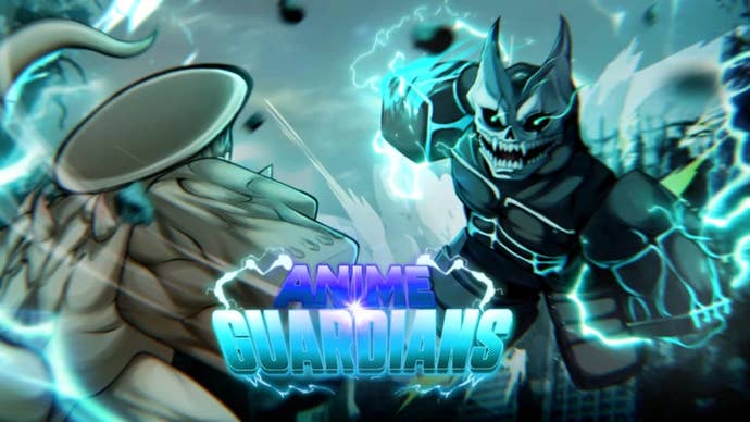 Artwork for the Roblox game Anime Guardians, showing two anime-inspired characters fighting.