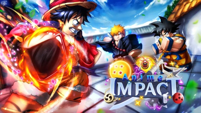 Artwork for the Roblox game Anime Impact showing anime-inspired characters fighting using superpowers.