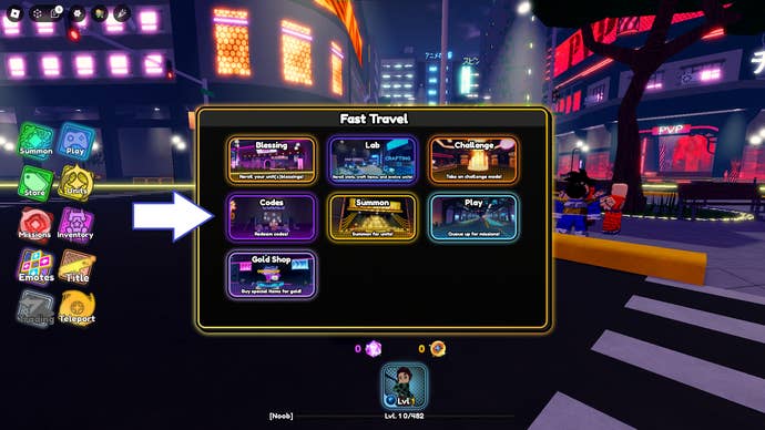 A screenshot from Anime Impact in Roblox showing the game's codes button.