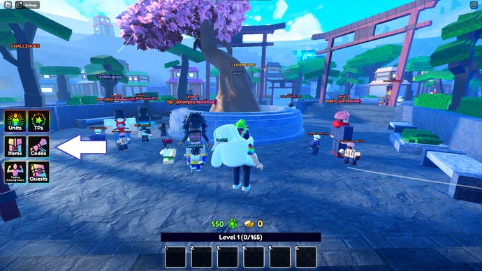 A screenshot from Anime Last Stand in Roblox showing off the game's codes button.