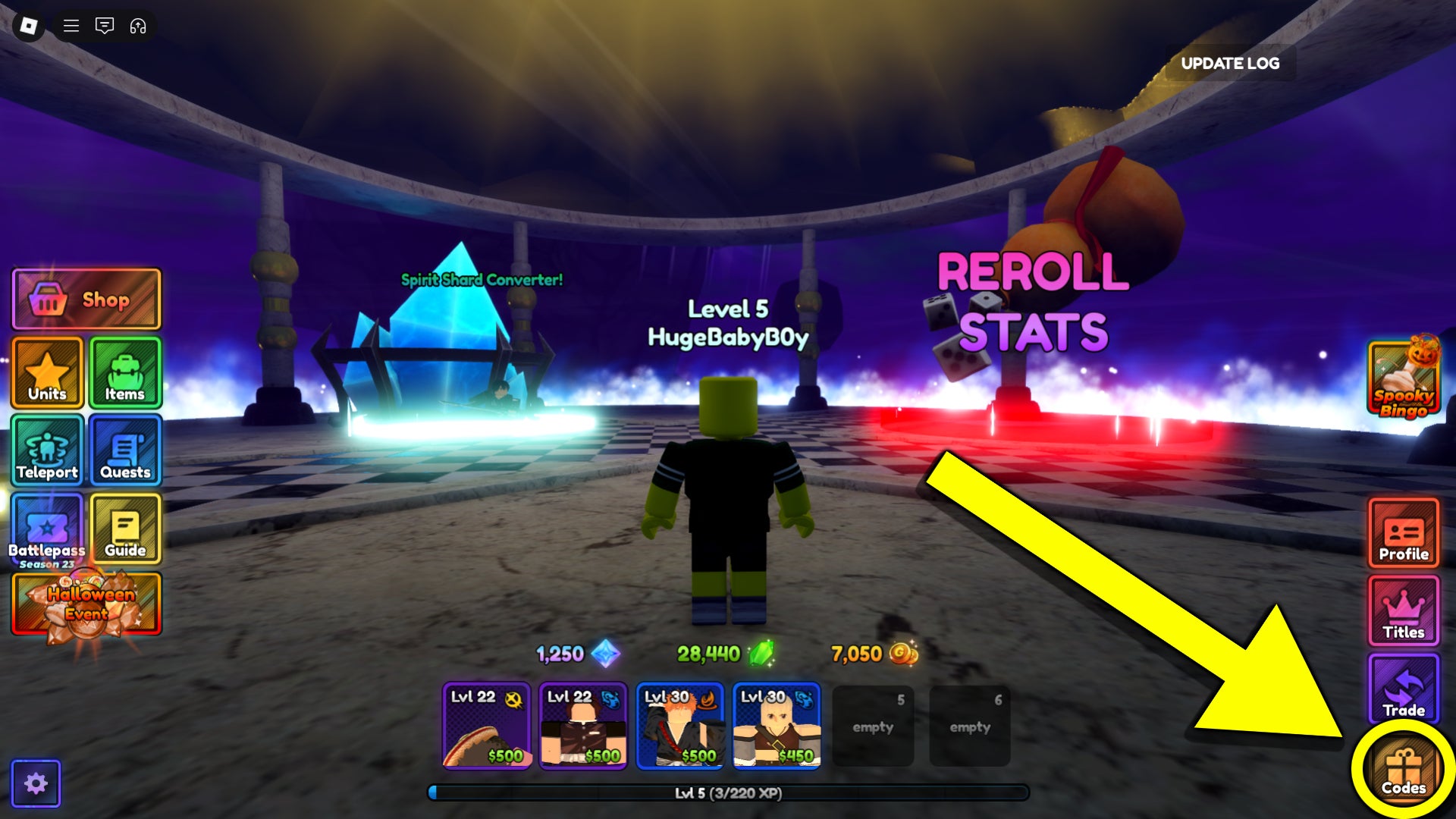 An in-game screenshot from the Roblox game Anime Last Stand, featuring an arrow pointing to the in-game codes button. - 3