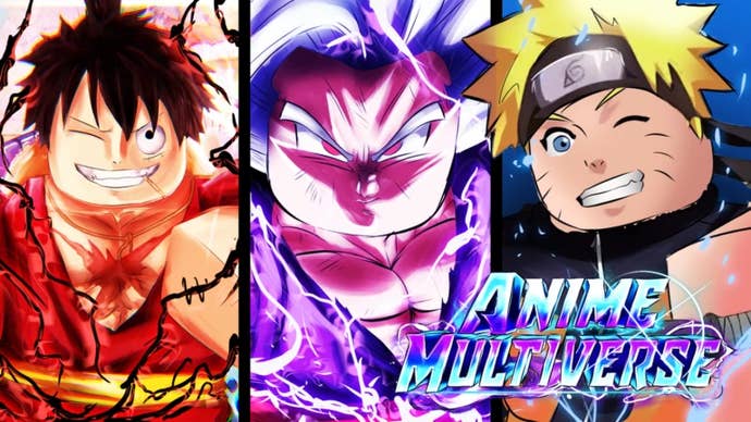 Artwork for the Roblox game Anime Multiverse, showing Robloxified anime-inspired characters based on iconic shows like Naruto.