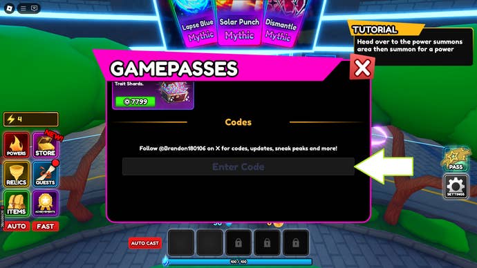 A screenshot of Anime Multiverse in Roblox showing the game’s codes field.