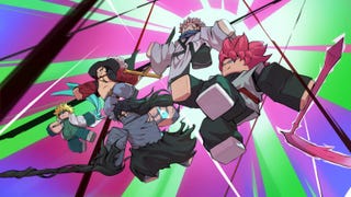 Artwork for the Roblox game Anime Odyssey Simulator showing a group of anime-inspired Robloxified characters.