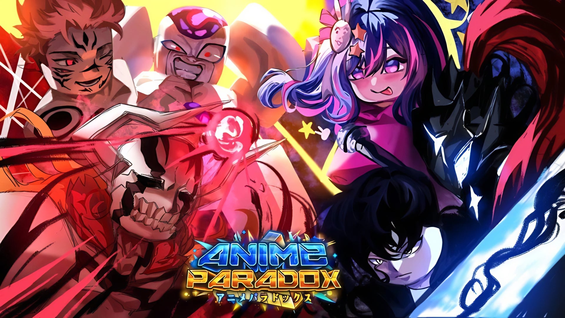 A header image for the Roblox game, Anime Paradox, showing various anime characters from Solo Levelling, Dragon Ball Z, Jujutsu Kaisen and more mid-battle.