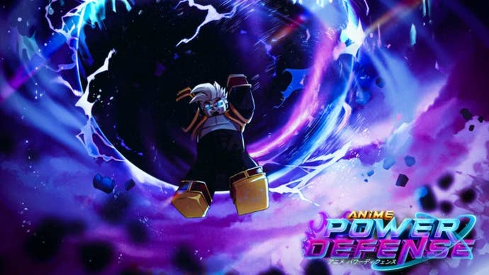 Artwork for the Roblox game Anime Power Defense, showing an anime-inspired character flying towards a huge glowing orb.