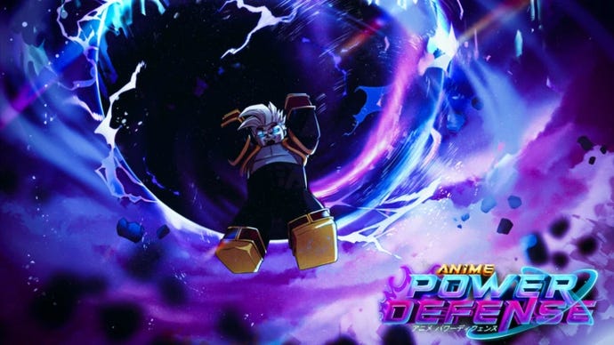 Artwork for the Roblox game Anime Power Defense, showing an anime-inspired character flying towards a huge glowing orb.