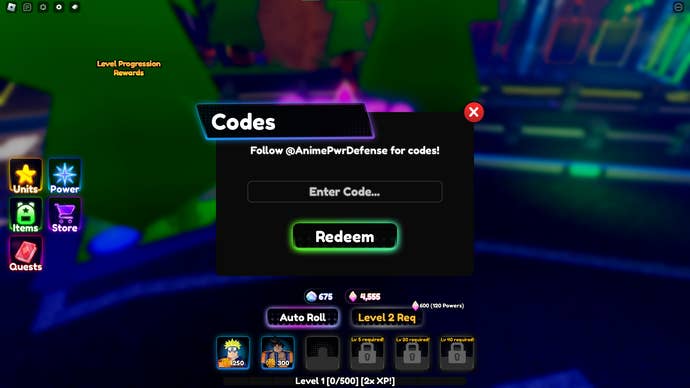 A screenshot of Anime Power Defense in Roblox showing the game's codes field.