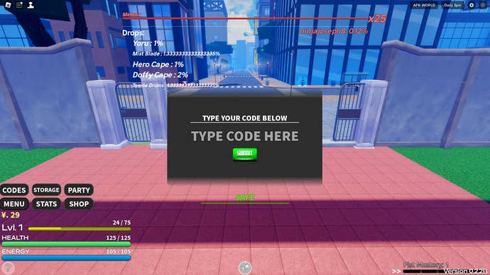 A screenshot from Anime Quest in Roblox showing the game's codes menu.