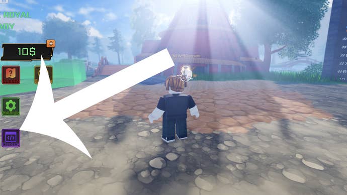 An arrow pointing at the codes button in the Roblox game Anime Rails.