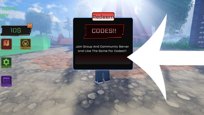 An arrow pointing at the codes menu in the Roblox game Anime Rails.