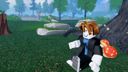 A Roblox character sitting by a tree in the start-up screen for Anime Rails.