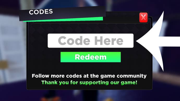 Arrow pointing at the menu used to redeem codes in the Roblox tower defense game Anime Rangers.