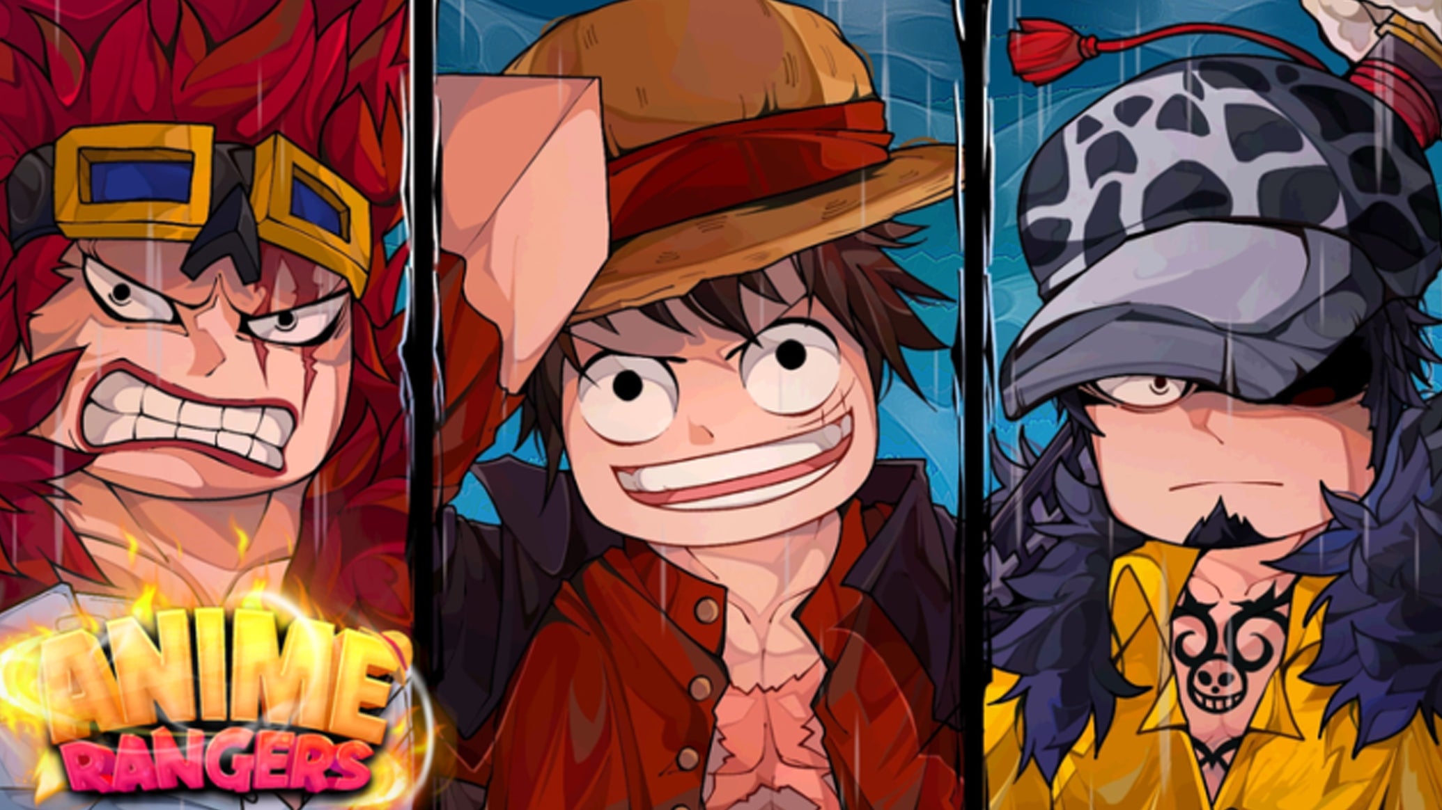 Artwork for the Roblox game Anime Rangers showing Robloxified versions of famous anime characters, including Luffy from One Piece. - 1