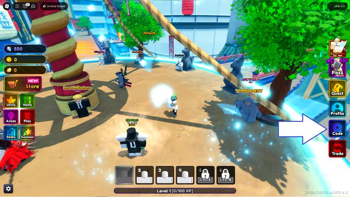 A screenshot of Anime Rangers X in Roblox showing the game's codes button.