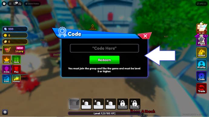 A screenshot of Anime Rangers X in Roblox showing the game's codes field.